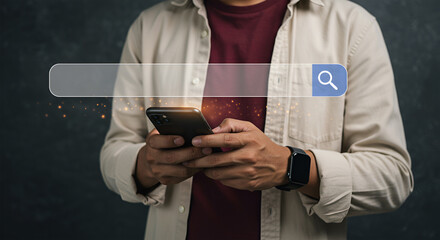 Man using a smartphone with a search bar overlay, suggesting online browsing or information retrieval.