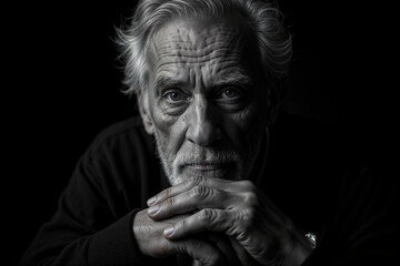 Fototapeta premium An elderly man with white hair and expressive eyes gazes thoughtfully, hands clasped together. The soft focus highlights his weathered skin, conveying a deep sense of experience and contemplation.