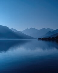 Fototapeta premium Tranquil lake reflecting misty mountains at dawn