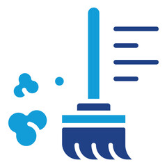 Sweeping Glyph Blue Silhouette Icon Vector Design - broom with motion lines and dust clouds, symbolizing sweeping or dry cleaning activity