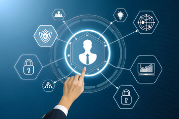 Digital security network connecting user identity and data protection icons in a futuristic interface