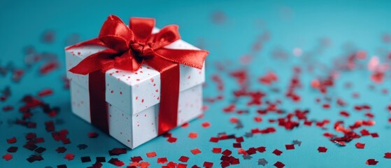 The beautifully wrapped gift box adorned with a red ribbon and confetti.