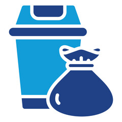Trash Bin Glyph Blue Silhouette Icon Vector Design - trash can with a tied garbage bag in front, representing waste disposal or sanitation