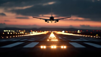 Airplane landing at twilight