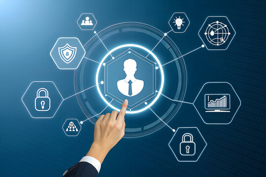 Digital security network connecting user identity and data protection icons in a futuristic interface