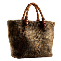Rustic woven straw tote bag with braided handles a natural fiber accessory for beach or everyday use isolated on transparent background