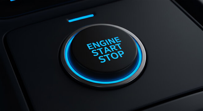 Illuminated engine start-stop button in a vehicle's dashboard.