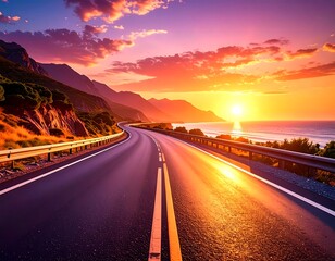 Scenic coastal highway at vibrant sunset offers a picturesque travel destination experience