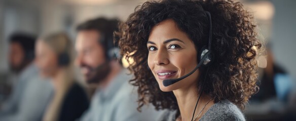 The smiling woman in a call center providing exceptional customer support.