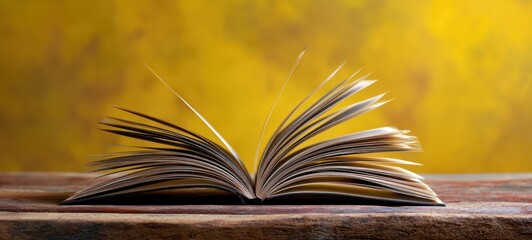 The beautifully open book resting on a wooden table with a yellow background.