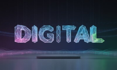 Digital word art with glowing, polygon shapes