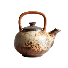 Rustic ceramic teapot with a textured glaze and orange handle isolated on transparent background