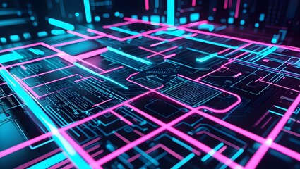Glowing lines digital grids neon circuits cyberpunk blur PNG
