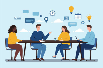 Collaborative Team Meeting with Diverse Professionals, Brainstorming Ideas, and Discussing Strategies in a Modern Workspace flat vector illustration
