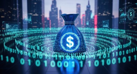 Digital money bag surrounded by binary code and financial data overlaid on a cityscape