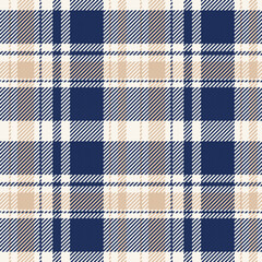 This seamless plaid features a rich blue base with bold cream and beige stripes, accented by thin deep blue lines. The vibrant yet classic palette adds energy to apparel or graphic designs.