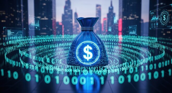 Digital money bag surrounded by binary code and financial data overlaid on a cityscape - Powered by Adobe