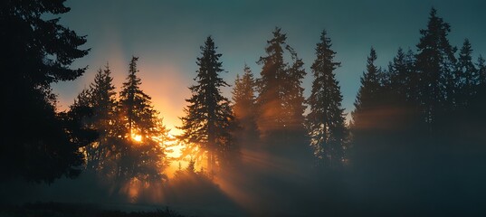 Golden ocean sunrise peeking through misty forest trees wrapped in early morning fog
