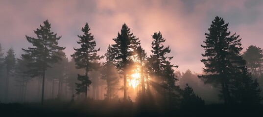 Golden ocean sunrise peeking through misty forest trees wrapped in early morning fog