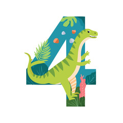 Obraz premium 4 with the dinosaur theme vector illustration in a playful cartoon style.