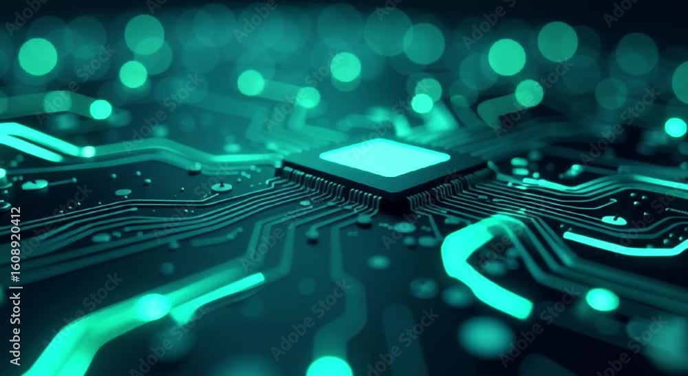 Poster close computer circuit board chip illuminated lights background