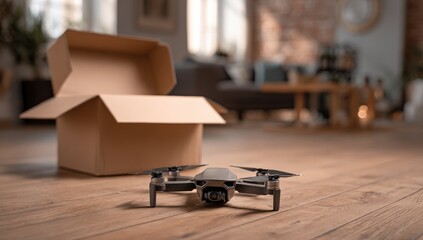 Small drone on wooden floor near open cardboard box