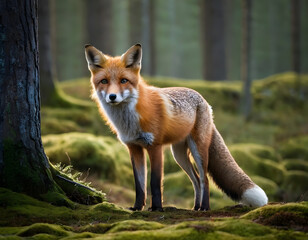 Obraz premium A lone fox. A high quality standing in a mystical Norwegian forest in the early morning.red fox in the wild.