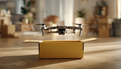 Drone emerging from open cardboard box in a home