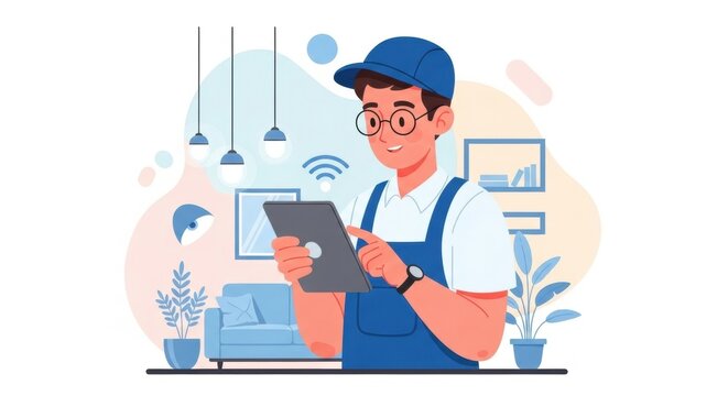 Technician using tablet for smart home system in modern living room