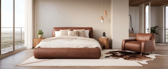 The modern bedroom featuring a cozy leather bed and minimalist decor.