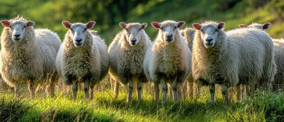 The sheep standing together in a lush green pasture under soft lighting.