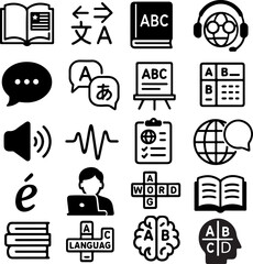 Obraz premium Collection of icons representing language learning translation and communication concepts