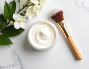Flat lay of cosmetic cream in white and beige tones, paired with a sleek makeup brush on a subtle textured surface.