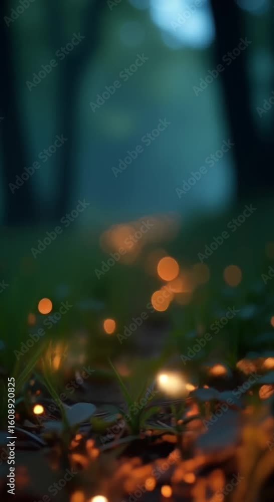 Poster forest night illuminated soft blurred background bokeh lights grass ground illuminated lights creati