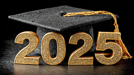 Celebrate graduation 2025 with stylish gold numbers and classic black mortarboard cap, symbolizing academic achievement, education success, future opportunities
