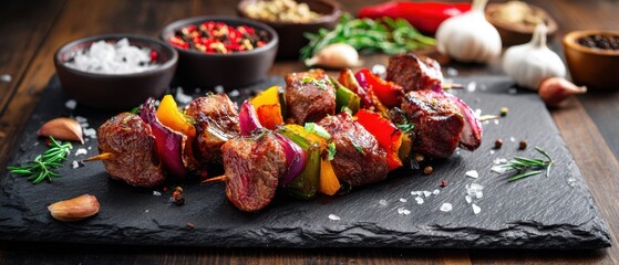 The delicious skewers of grilled meat and colorful vegetables on a slate board.
