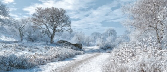 The serene winter landscape with frosted trees and a winding path.