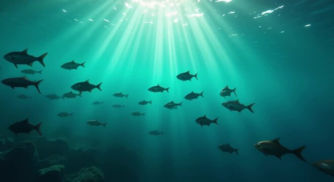 large school fish swimming ocean surrounded rocks bottom
