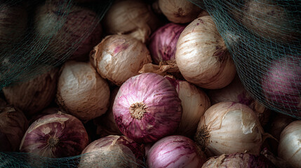 Raw Onions in a Green Mesh Sack for Market, create an authentic and appealing visual for culinary blogs, grocery advertisements, or healthy eating content.