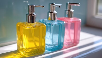 Three colorful soap dispensers, square-shaped, in yellow, light blue, and pink, on a white countertop