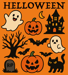 Cute Halloween Vector Set - 10 Pop Style Illustrations in Black and Orange
ポップでかわいいハロウィンベクターセット（黒とオレンジ基調・イラスト10点）