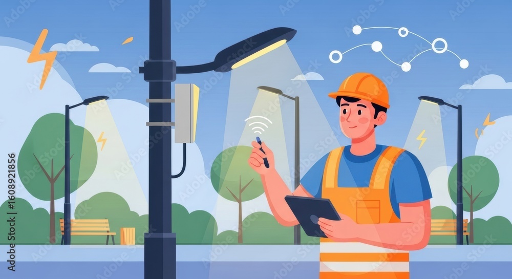 Poster engineer working on smart street lighting with wireless technology and iot integration