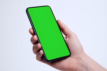 Person holding a modern smartphone with a green screen, ready for content