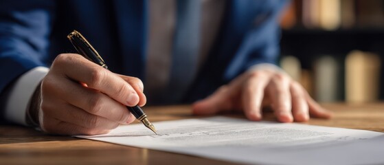 The businessman signing an important document with a fountain pen.