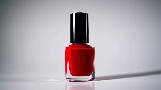 Vibrant red nail polish in a square glass bottle with a shiny black lid on white backdrop