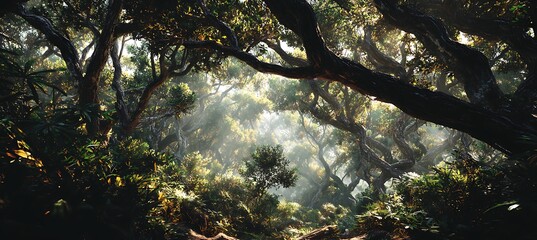 Sunlight dances as coastal winds stir the quiet canopy of a peaceful forest scene