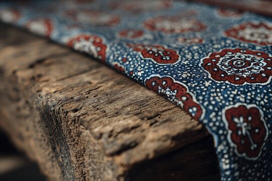Close-up of Handmade Ajrak Cloth on Rustic Wooden Table