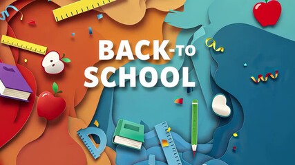 Colorful school supplies transition with back to school text in vibrant animation - Powered by Adobe