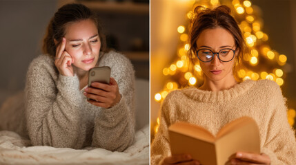 Adult Woman Stressed in Bed Checking Phone Vs. Reading Later in Cozy Setting