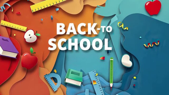Colorful school supplies transition with back to school text in vibrant animation
